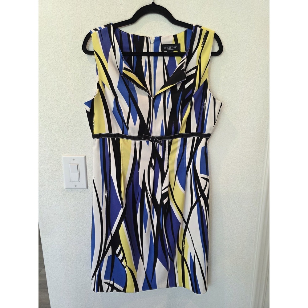 PERCEPTIONS NY Abstract Geo Blue Yellow Dress Knee/Mini Length Sz 10 Black Bow